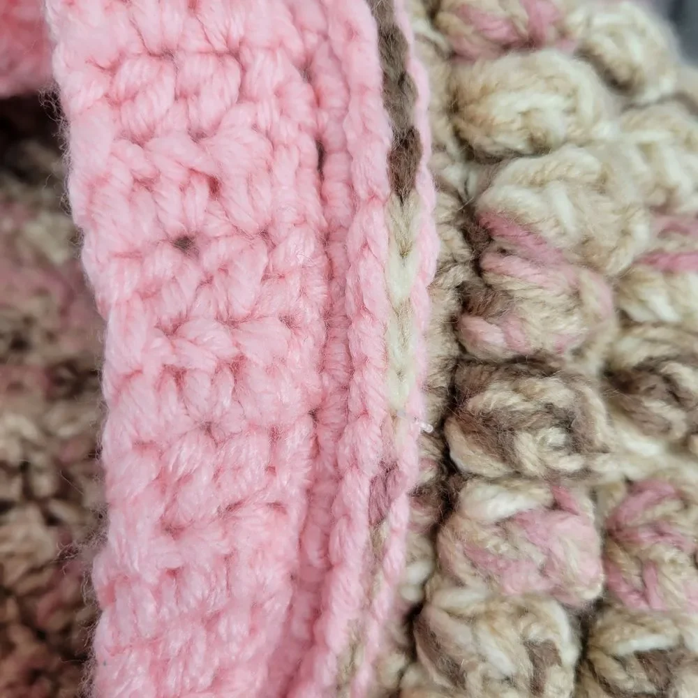 Handmade Chunky Crochet Knit Pink and Tan Beret Hat